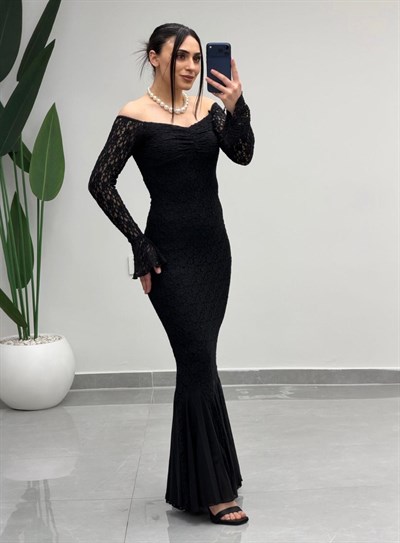 Madonna Yaka Dantel Balık Elbise Siyah