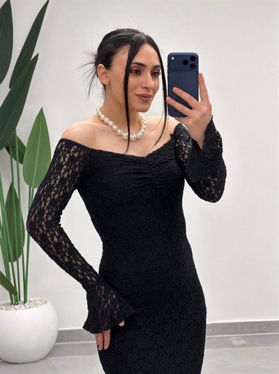 Madonna Yaka Dantel Balık Elbise Siyah