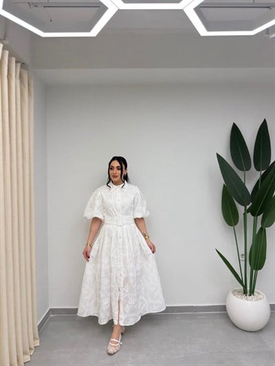 Nakışlı Balon Kol Kemerli Elbise Beyaz