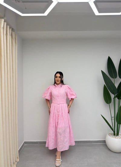 Nakışlı Balon Kol Kemerli Elbise Pembe