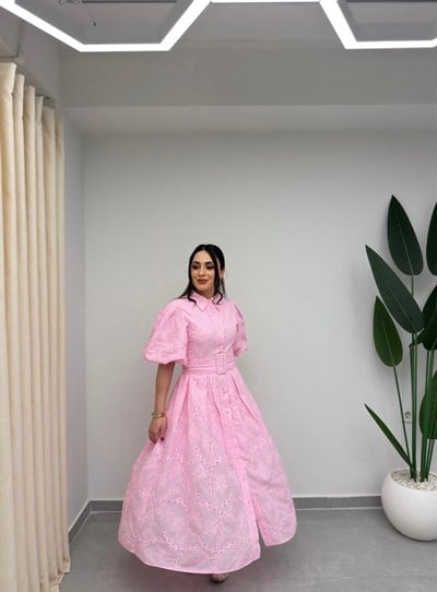 Nakışlı Balon Kol Kemerli Elbise Pembe