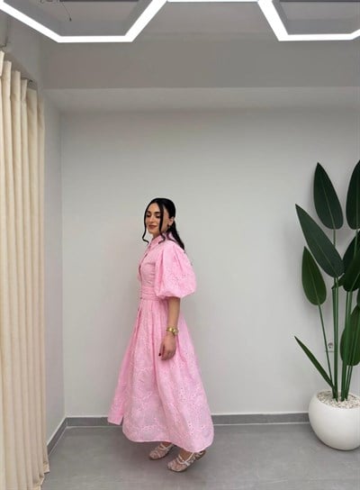 Nakışlı Balon Kol Kemerli Elbise Pembe