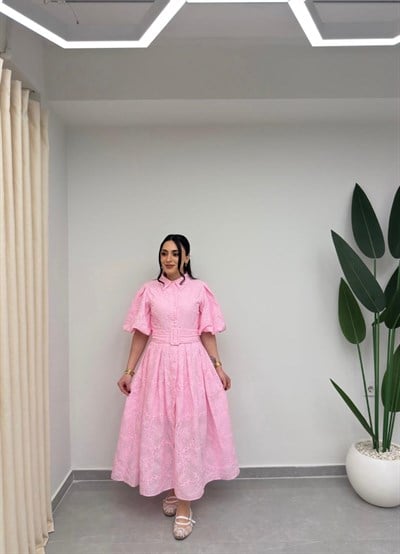 Nakışlı Balon Kol Kemerli Elbise Pembe