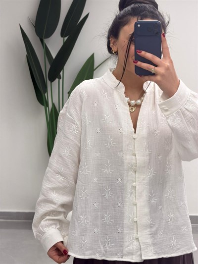 Nakışlı Müslin Gömlek Beyaz