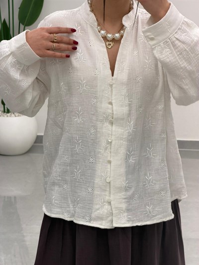 Nakışlı Müslin Gömlek Beyaz