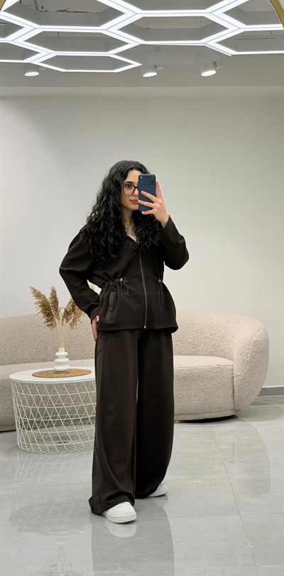 Paraşüt Garnili Bel Lastikli Modal Takım Kahve