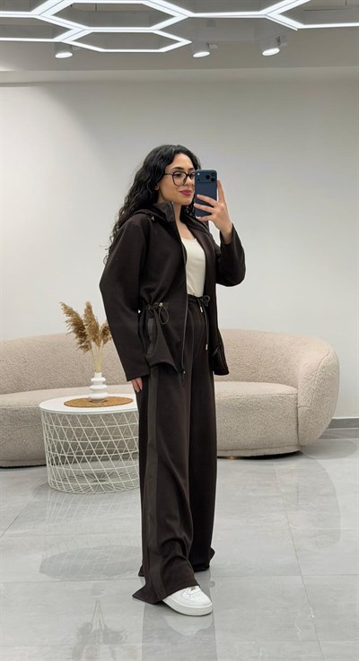 Paraşüt Garnili Bel Lastikli Modal Takım Kahve