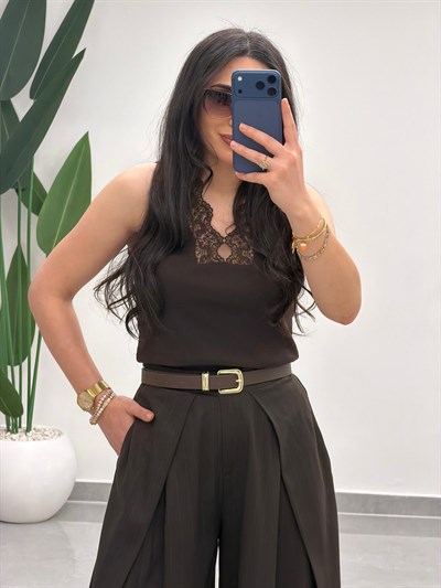 Pensli Dökümlü Palazzo Pantolon Kahve