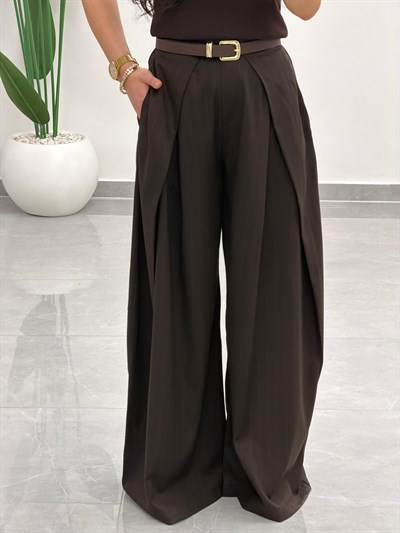 Pensli Dökümlü Palazzo Pantolon Kahve
