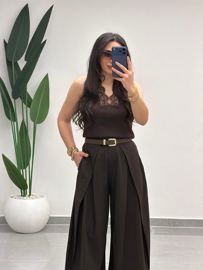 Pensli Dökümlü Palazzo Pantolon Kahve