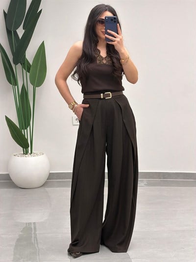 Pensli Dökümlü Palazzo Pantolon Kahve