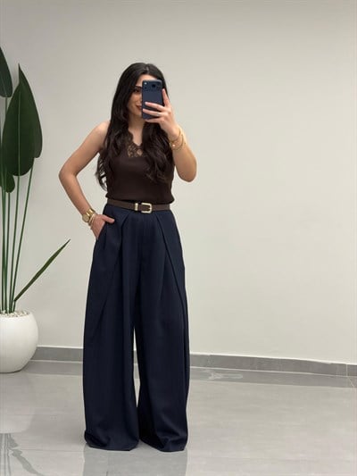 Pensli Dökümlü Palazzo Pantolon Lacivert