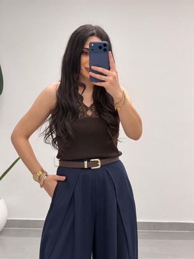 Pensli Dökümlü Palazzo Pantolon Lacivert