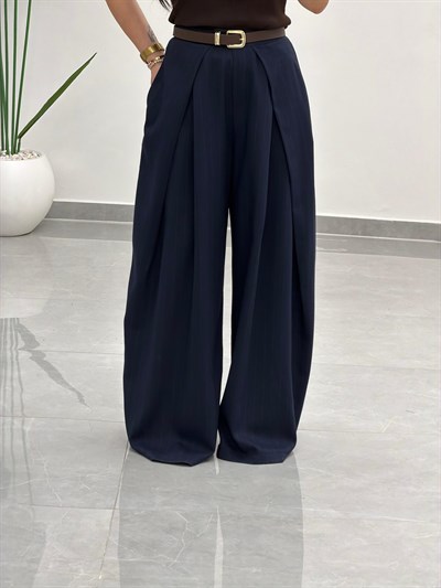 Pensli Dökümlü Palazzo Pantolon Lacivert