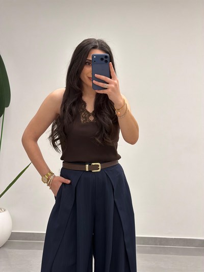 Pensli Dökümlü Palazzo Pantolon Lacivert