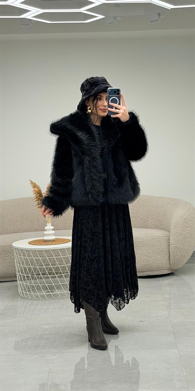 Premium Geniş Yaka Kürk Siyah