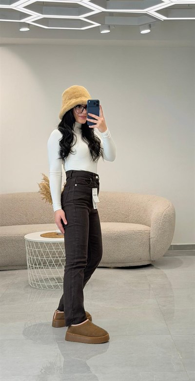 Premium Kalite Paçası Kesik Boyfit Jean Acı Kahve