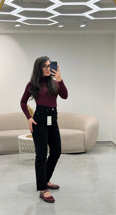 Premium Kalite Paçası Kesik Siyah Boyfit Jean