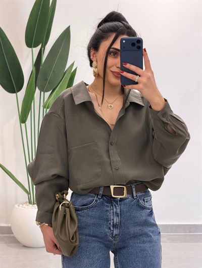 Premium Oversize Tensel Gömlek Haki