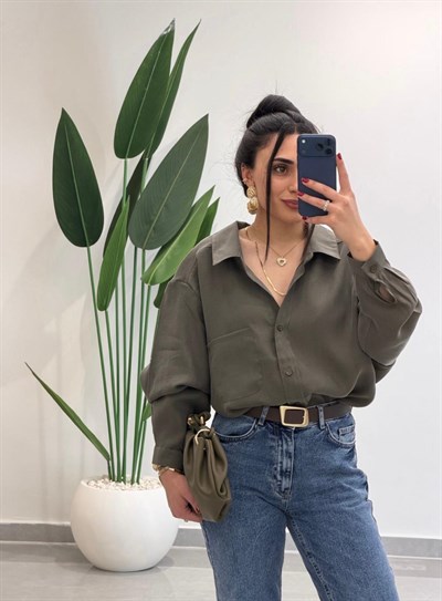 Premium Oversize Tensel Gömlek Haki