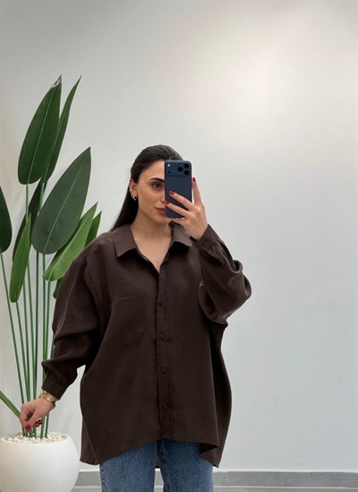 Premium Oversize Tensel Gömlek Kahve