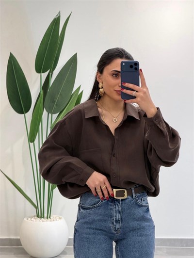 Premium Oversize Tensel Gömlek Kahve