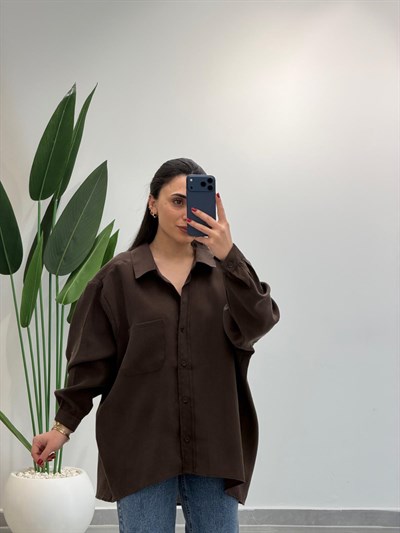 Premium Oversize Tensel Gömlek Kahve