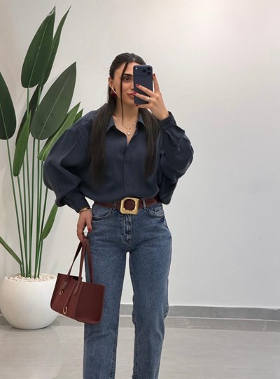 Premium Oversize Tensel Gömlek Lacivert