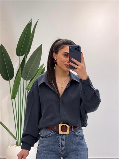 Premium Oversize Tensel Gömlek Lacivert