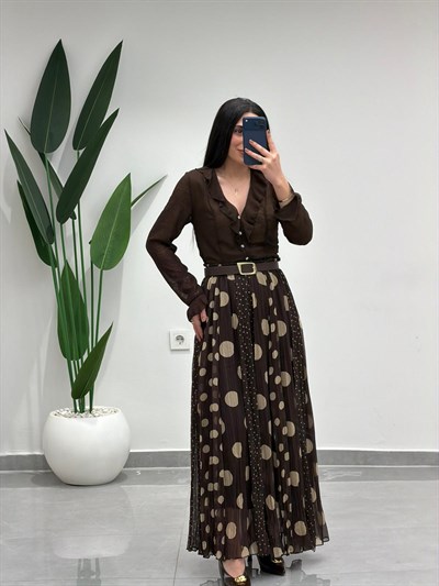 Puantiyeli Simli Şifon Etek Kahve