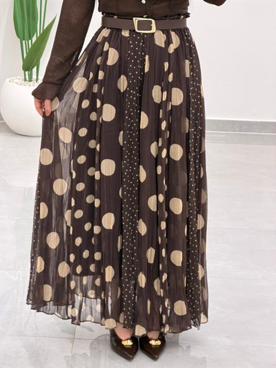 Puantiyeli Simli Şifon Etek Kahve