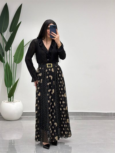 Puantiyeli Simli Şifon Etek Siyah