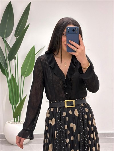 Puantiyeli Simli Şifon Etek Siyah