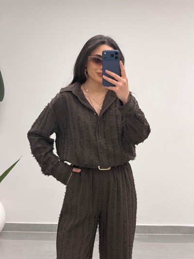 Saçaklı Gömlek Pantolon Takım Kahve