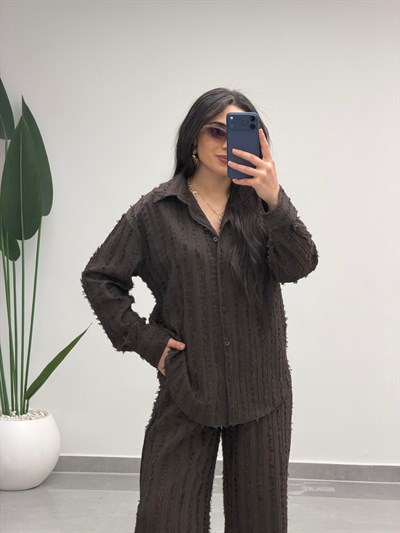 Saçaklı Gömlek Pantolon Takım Kahve