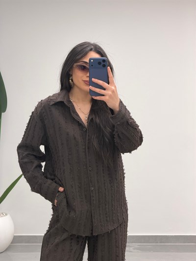 Saçaklı Gömlek Pantolon Takım Kahve