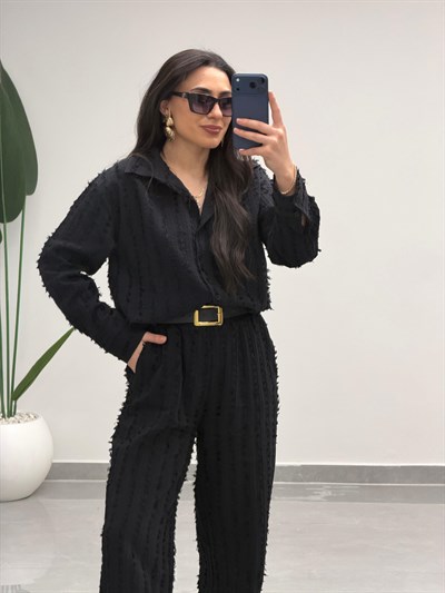 Saçaklı Gömlek Pantolon Takım Siyah