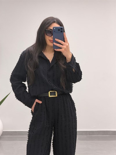 Saçaklı Gömlek Pantolon Takım Siyah