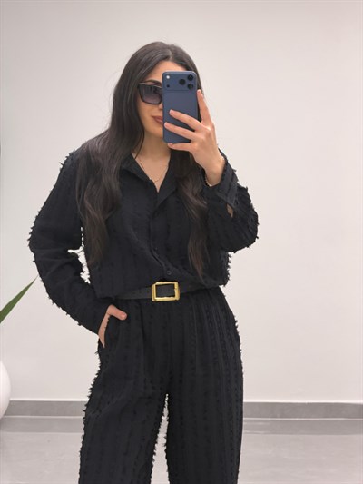 Saçaklı Gömlek Pantolon Takım Siyah