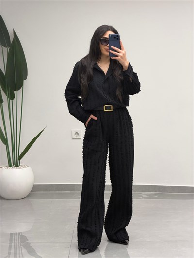 Saçaklı Gömlek Pantolon Takım Siyah