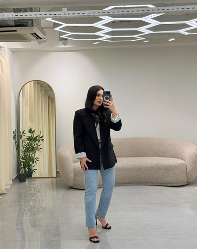 Şal Yaka Kol Katlamalı Astarlı Ceket Siyah