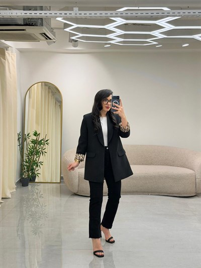 Şal Yaka Leopar Astarlı Blazer Ceket Siyah