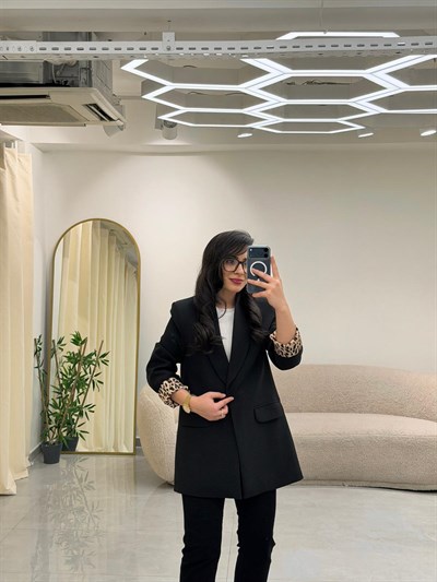 Şal Yaka Leopar Astarlı Blazer Ceket Siyah