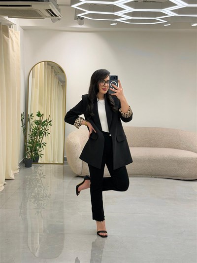 Şal Yaka Leopar Astarlı Blazer Ceket Siyah