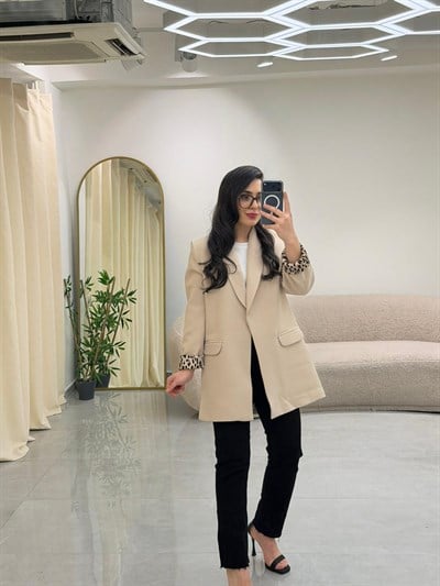 Şal Yaka Leopar Astarlı Blazer Ceket Taş