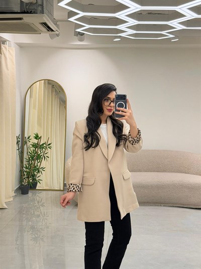 Şal Yaka Leopar Astarlı Blazer Ceket Taş