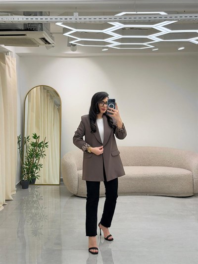 Şal Yaka Leopar Astarlı Blazer Ceket Vizon