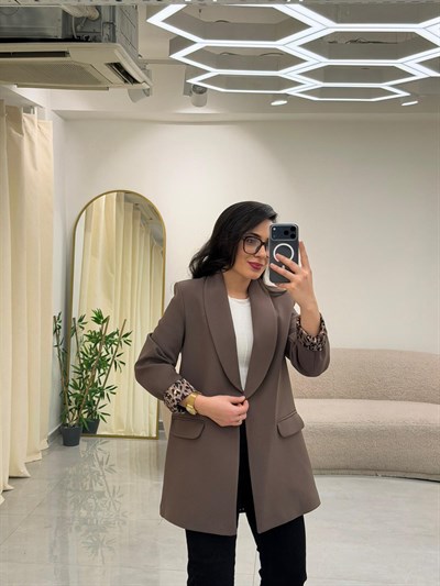 Şal Yaka Leopar Astarlı Blazer Ceket Vizon