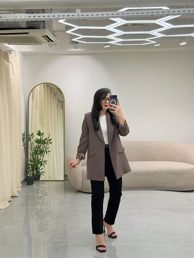 Şal Yaka Leopar Astarlı Blazer Ceket Vizon