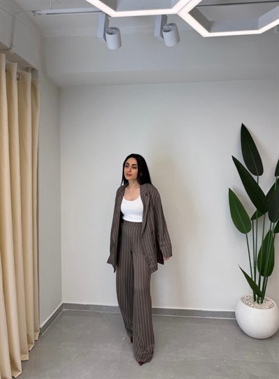 Saten Çizgili Pantolon Ceket Takım Kahve